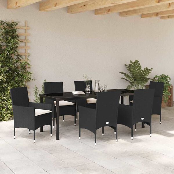 vidaXL Tuin eettafelset met kussen 7 pcs Zwart poly rattan