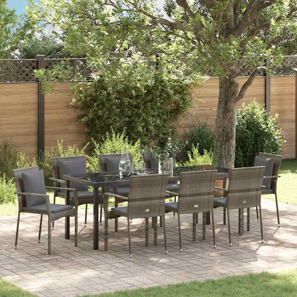 vidaXL Tuin eettafelset met kussen 9 pcs Grijs poly rattan
