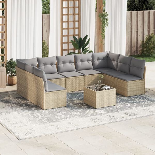 vidaXL 10-delige Loungeset met kussens poly rattan beige