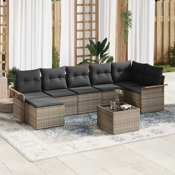 vidaXL Tuin Sofa Set met kussen met opslag 8 pcs Grijs Poly riet