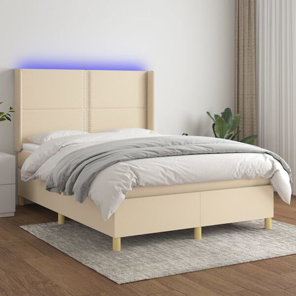 vidaXL Boxspring met matras en LED stof cr&egrave;mekleurig 140x190 cm