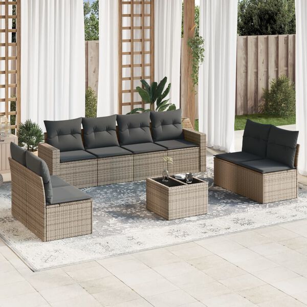 vidaXL 9-delige Loungeset met kussens poly rattan grijs