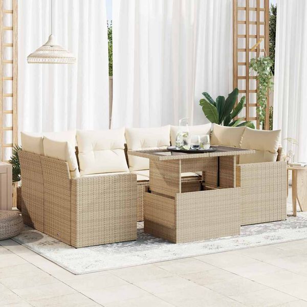 vidaXL 7-delige Loungeset met kussens poly rattan beige