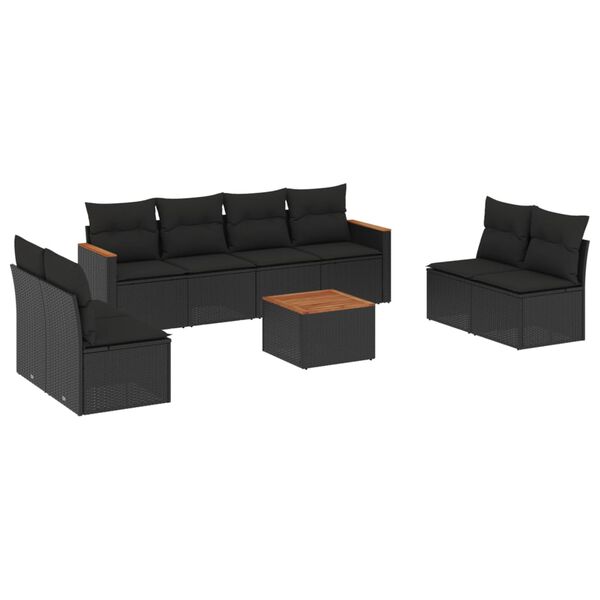 vidaXL 9-delige Loungeset met kussens poly rattan zwart