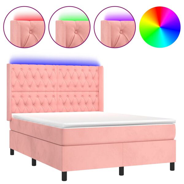 vidaXL Boxspring met matras en LED fluweel roze 140x190 cm