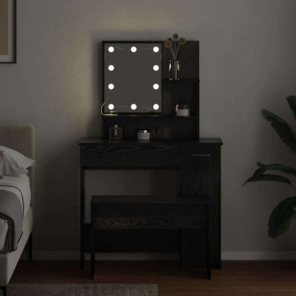 vidaXL LED Make-up Tafel Set met lade 2 pcs Zwart Eiken Bewerkt hout
