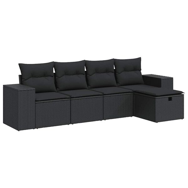 vidaXL 5-delige Loungeset met kussens poly rattan zwart