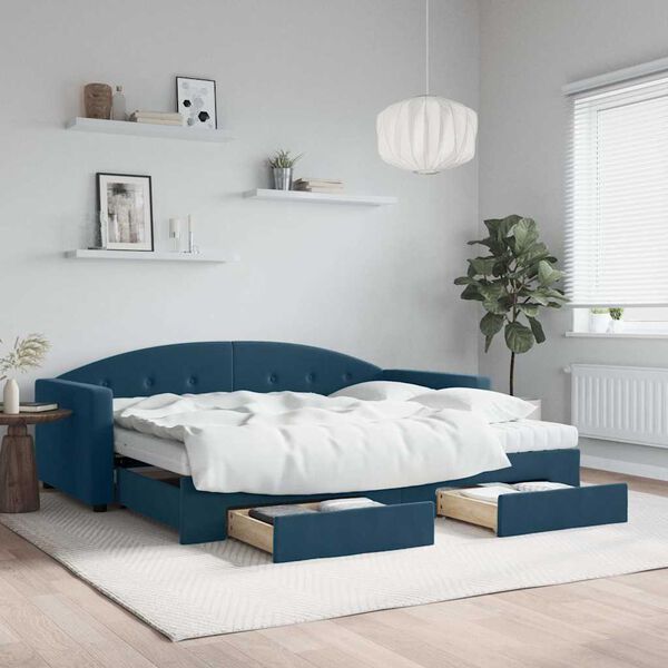 vidaXL Slaapbank met onderschuifbed en lades 90x200 cm fluweel blauw