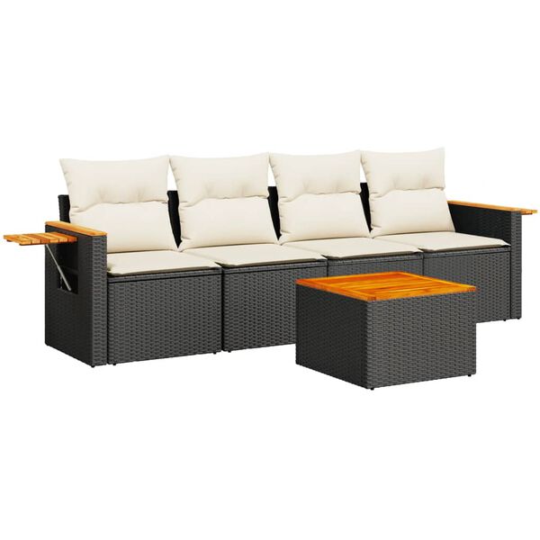 vidaXL 5-delige Loungeset met kussens poly rattan zwart
