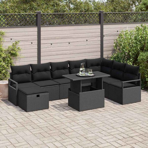 vidaXL Tuin Sofa Set met kussen met opslag 9 pcs Zwart Poly riet