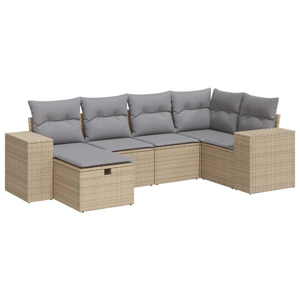 vidaXL 6-delige Loungeset met kussens poly rattan beige