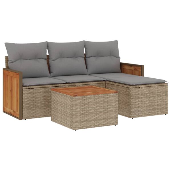 vidaXL 5-delige Loungeset met kussens poly rattan beige
