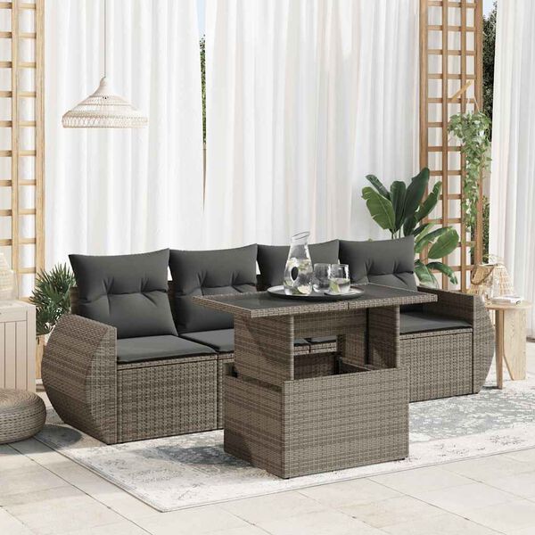 vidaXL 5-delige Loungeset met kussens poly rattan grijs