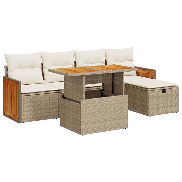 vidaXL 6-delige Loungeset met kussens poly rattan beige