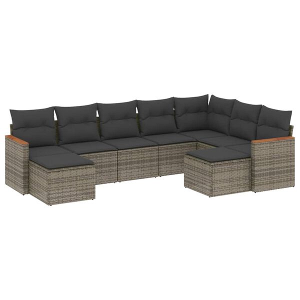 vidaXL 9-delige Loungeset met kussens poly rattan grijs