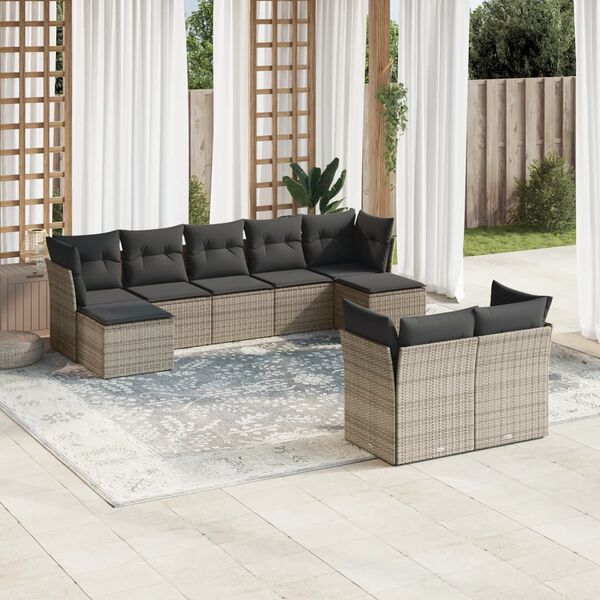 vidaXL 9-delige Loungeset met kussens poly rattan grijs