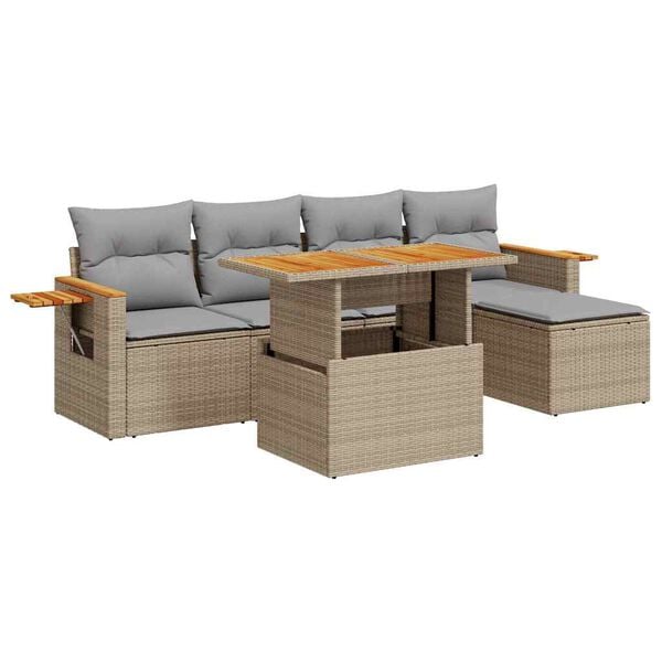 vidaXL 6-delige Loungeset met kussens poly rattan acacia beige