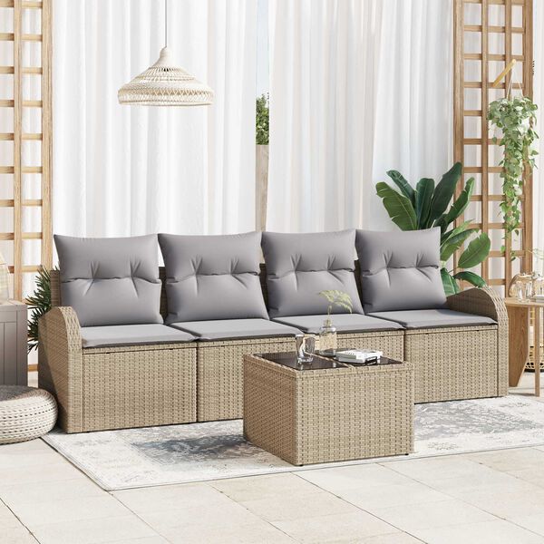 vidaXL Tuin Sofa Set 5 pcs Beige en Grijs Poly rattan, staal en glas