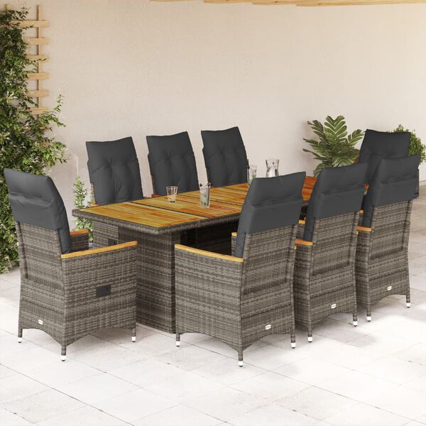 vidaXL 9-delige Bistroset met kussens poly rattan grijs