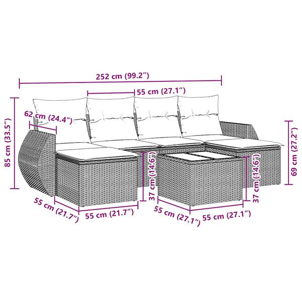 vidaXL 7-delige Loungeset met kussens poly rattan zwart