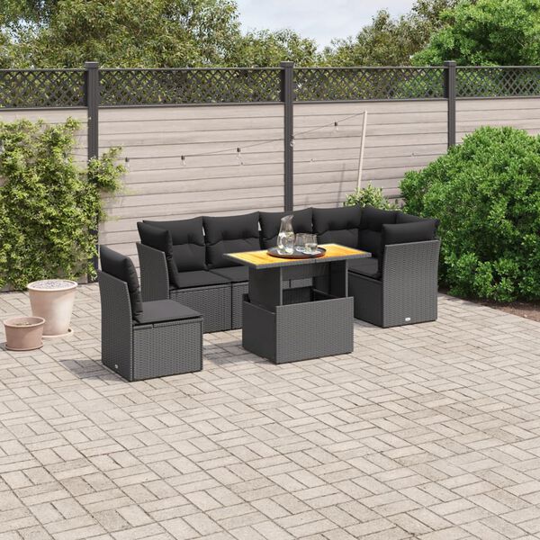 vidaXL 7-delige Loungeset met kussens poly rattan zwart