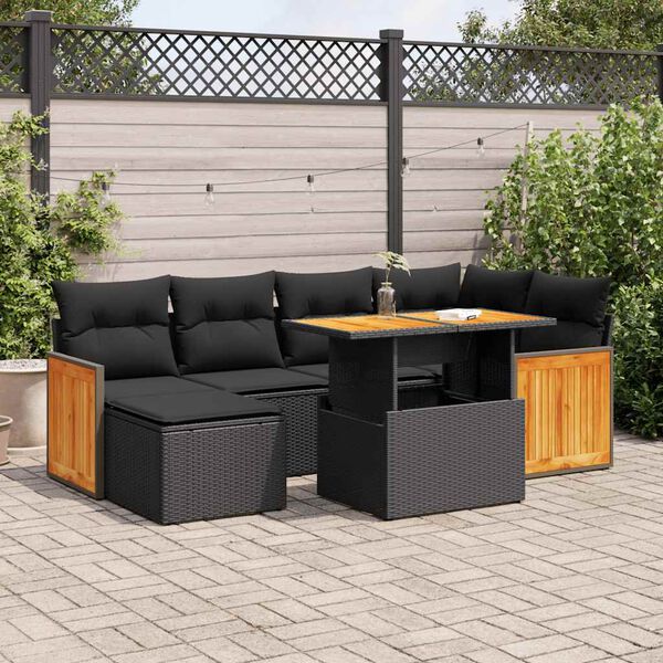 vidaXL 7-delige Loungeset met kussens poly rattan acacia zwart