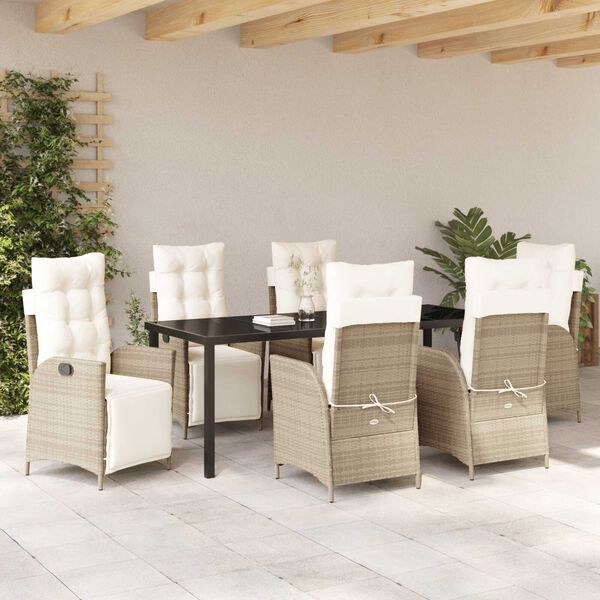 vidaXL Tuin eettafelset met kussen 7 pcs Beige poly rattan