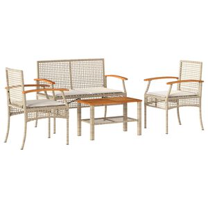vidaXL 4-delige Loungeset met kussens poly rattan beige