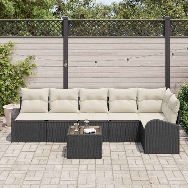 vidaXL Tuinbankenset met kussen 7 pcs Zwart en Wit poly rattan