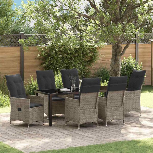 vidaXL Tuin eettafelset met kussen 7 pcs Grijs poly rattan