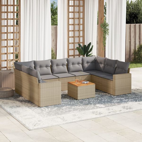 vidaXL 10-delige Loungeset met kussens poly rattan beige