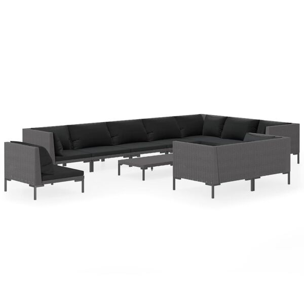 vidaXL 11-delige Loungeset met kussens poly rattan donkergrijs
