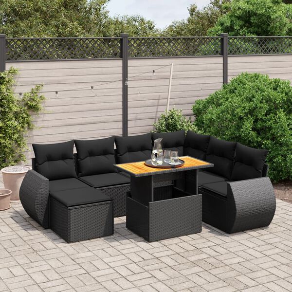 vidaXL 8-delige Loungeset met kussens poly rattan zwart