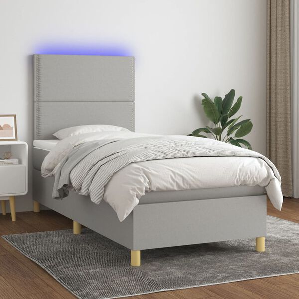 vidaXL Boxspring met matras en LED stof lichtgrijs 90x190 cm