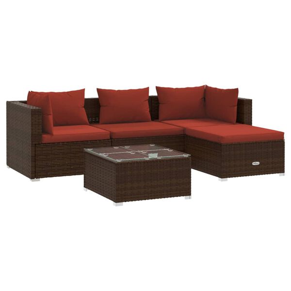 vidaXL 5-delige Loungeset met kussens poly rattan bruin