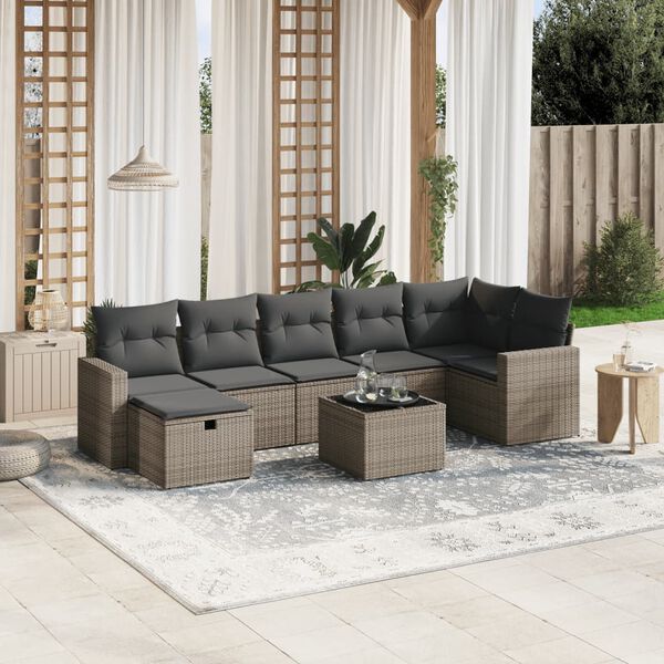 vidaXL 8-delige Loungeset met kussens poly rattan grijs