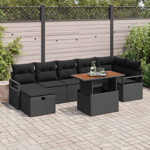 vidaXL Tuinbankenset met kussen met opslag 8 pcs Zwart poly rattan