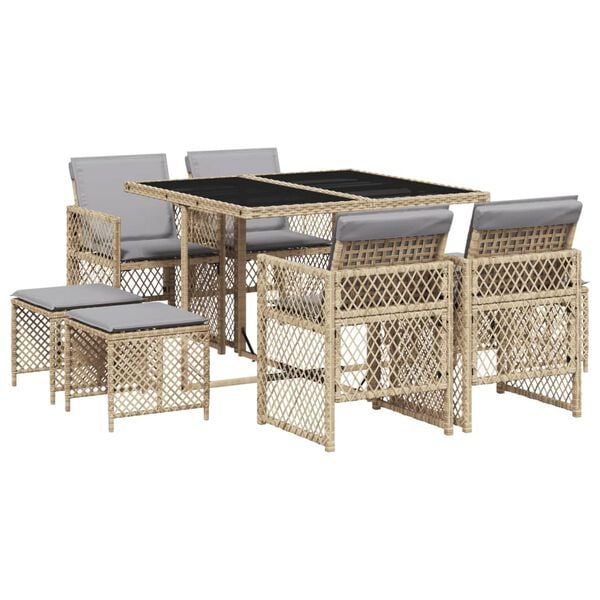 vidaXL 9-delige Tuinset met kussens poly rattan beige
