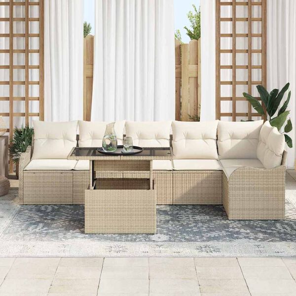 vidaXL Tuin Sofa Set met kussen met kussen 7 pcs Beige Poly Rattan