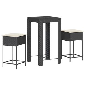 vidaXL 3-delige Tuinbarset met kussens poly rattan zwart