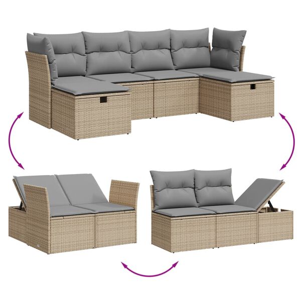vidaXL 6-delige Loungeset met kussens poly rattan gemengd beige