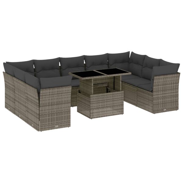 vidaXL 10-delige Loungeset met kussens poly rattan grijs