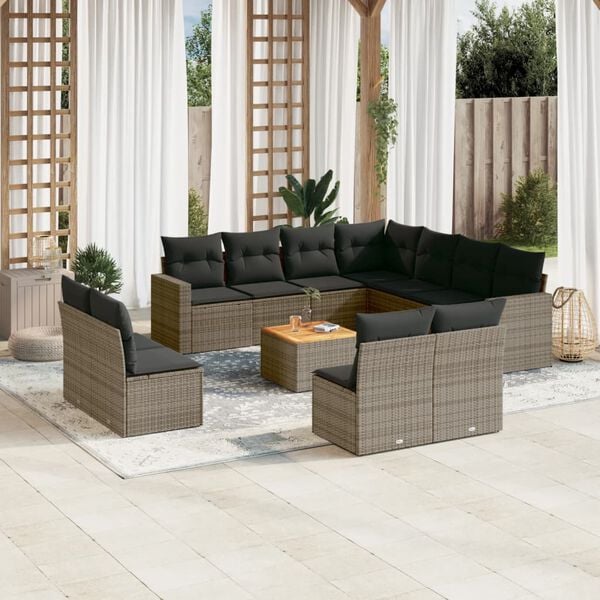 vidaXL 12-delige Loungeset met kussens poly rattan grijs