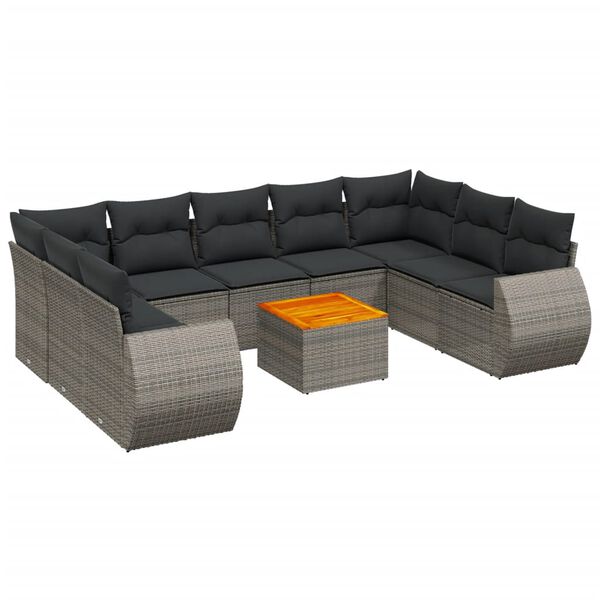 vidaXL 10-delige Loungeset met kussens poly rattan grijs