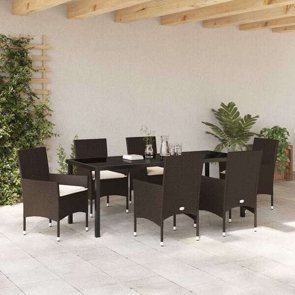 vidaXL Tuin eettafelset met kussen 7 pcs Bruin poly rattan