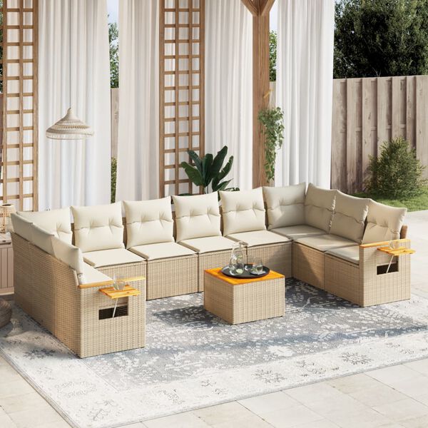 vidaXL 11-delige Tuinset met kussens poly rattan beige