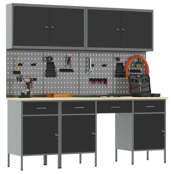 vidaXL Werkbank met lade met slot 10 pcs Zwart 200 x 55 x 200 cm Staal