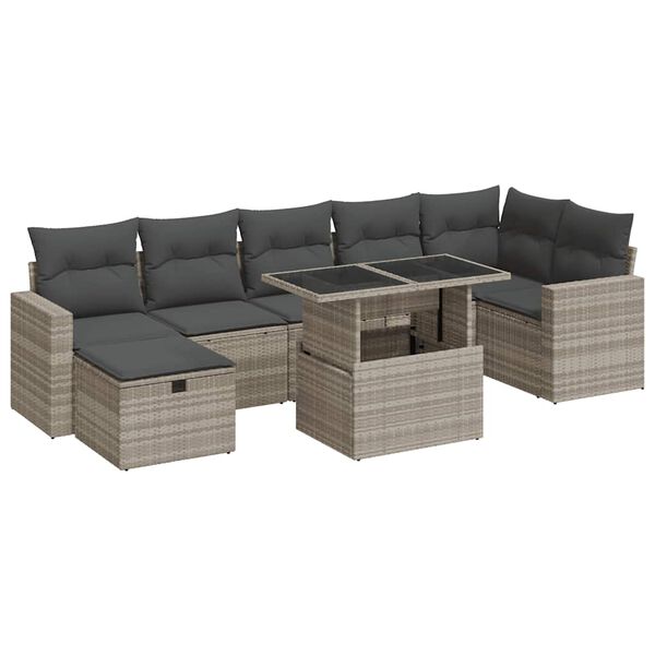 vidaXL 8-delige Loungeset met kussens poly rattan lichtgrijs