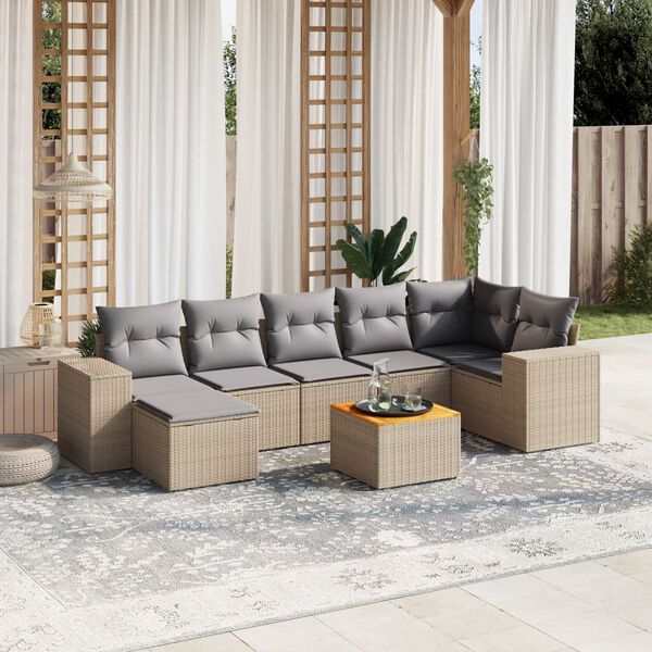vidaXL 8-delige Loungeset met kussens poly rattan beige