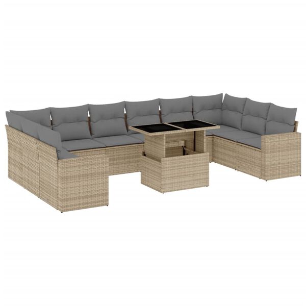 vidaXL 11-delige Tuinset met kussens poly rattan beige